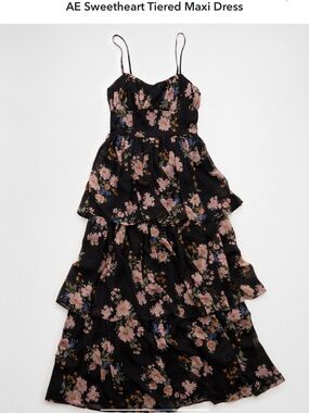 American Eagle Tiered Floral Maxi Dress in Black with Pink Flowers